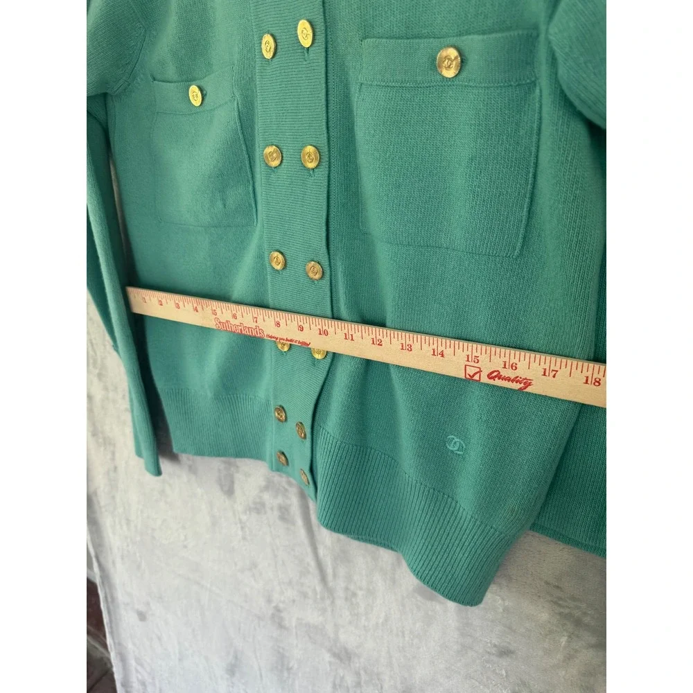 Chanel Vintage Cashmere Skirt Suit Teal Green Gold CC Buttons Scotland Sz 8 10
